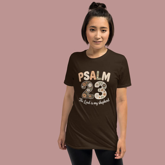 Dark Chocolate shirt with Psalm 23 scripture in floral & pattern bold letters