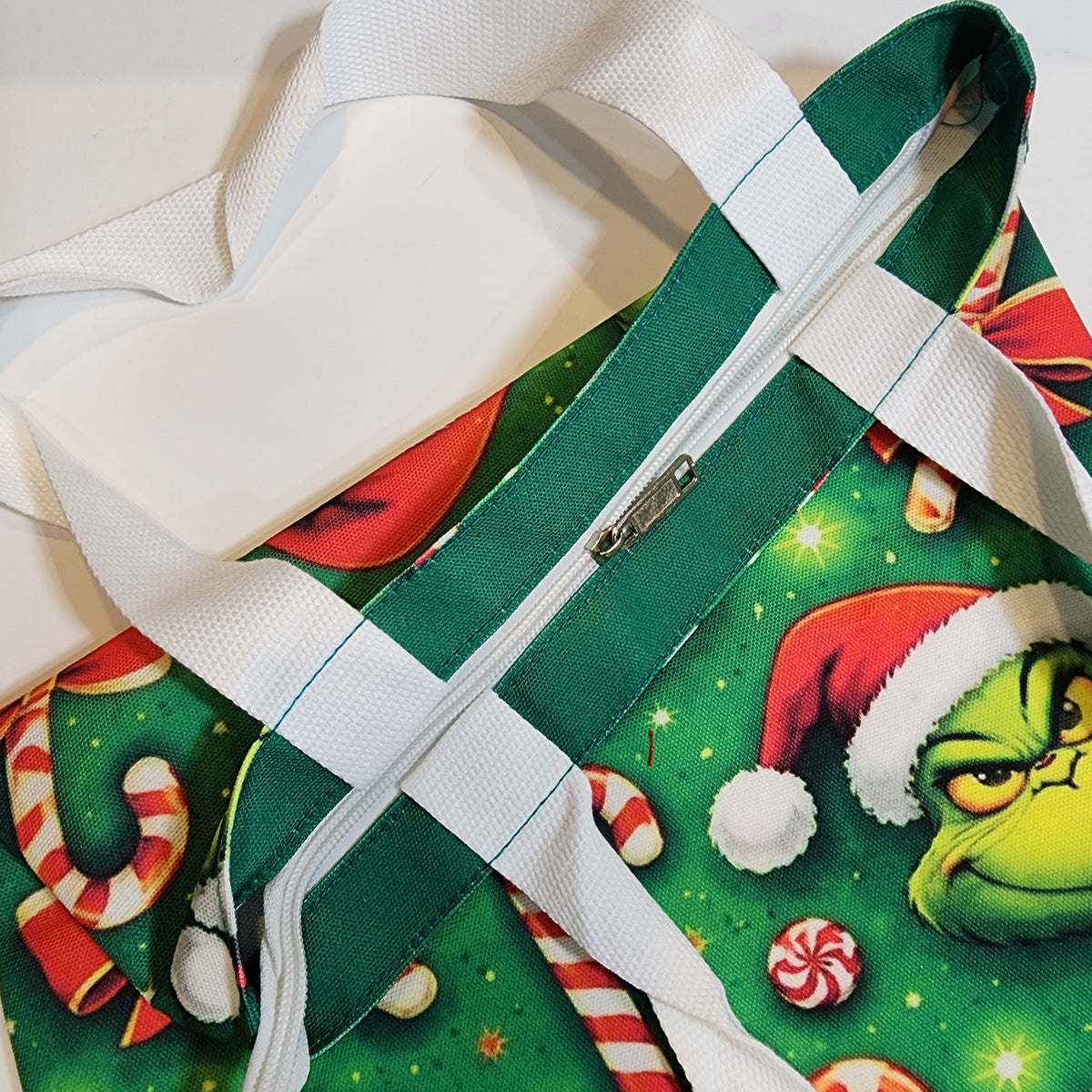 Grinch & Candy Canes - Canvas Tote Zipper Closure
