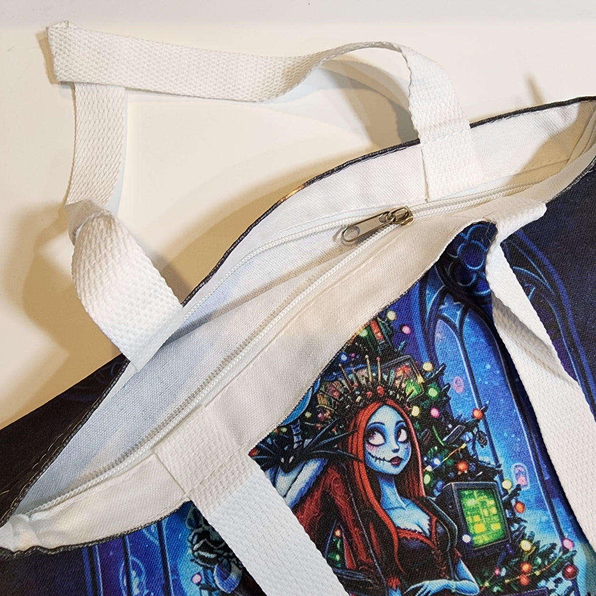 Jack & Sally Christmas Tree - Canvas Tote Zipper Closure
