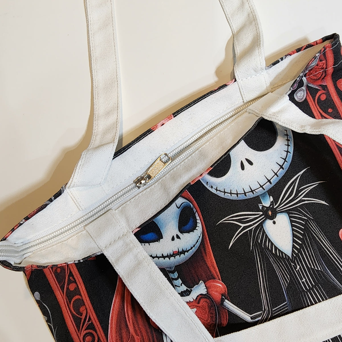 Jack & Sally Red Roses - Canvas Tote Zipper Closure
