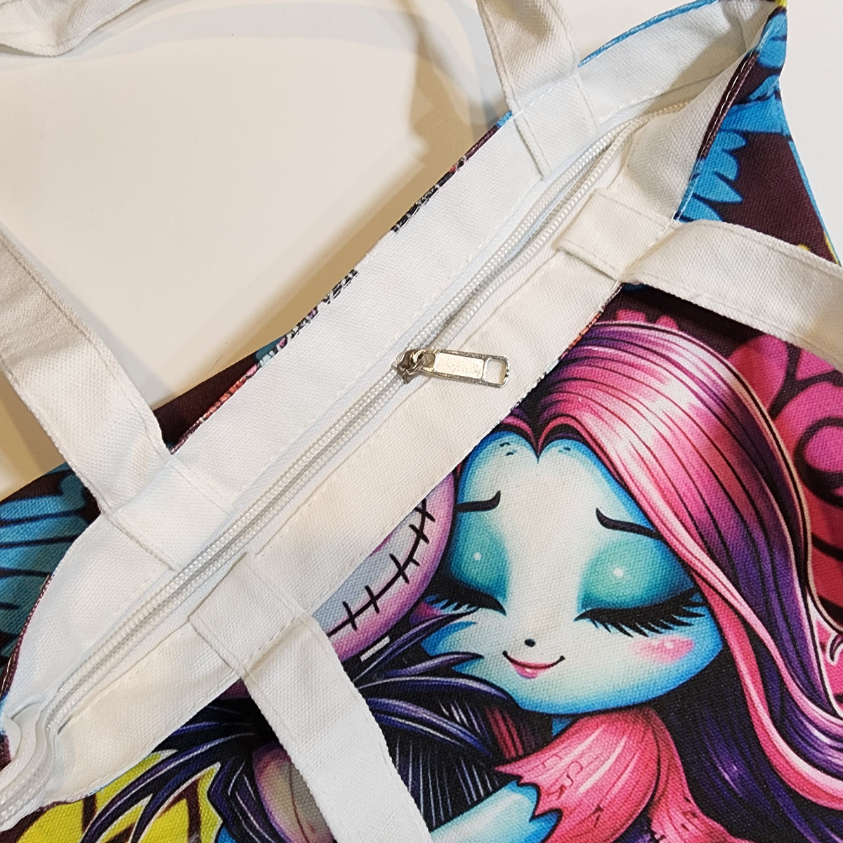 Chibi Jack & Sally - Canvas Tote Zipper Closure