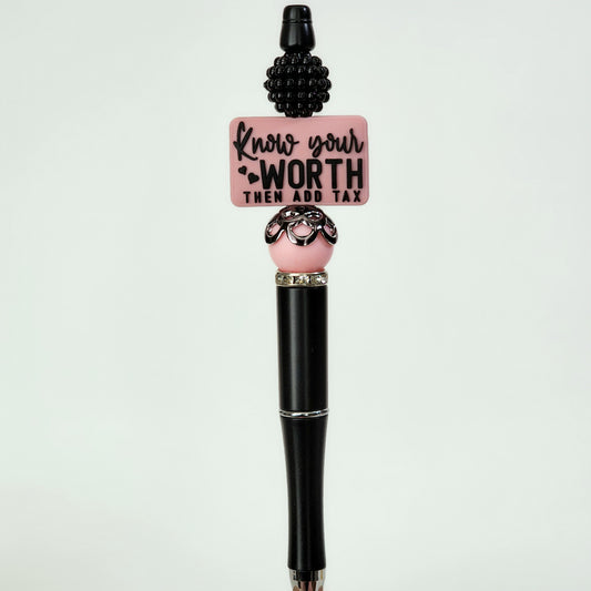 Know Your Worth, Then Add Tax Beaded Pen (Pink)
