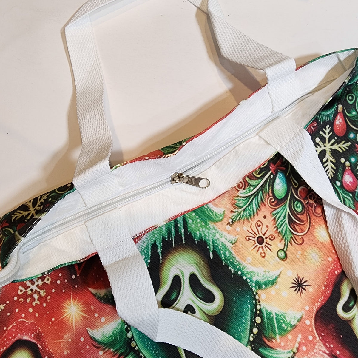 Festive Tree Ghost Face - Canvas Tote Zipper Closure