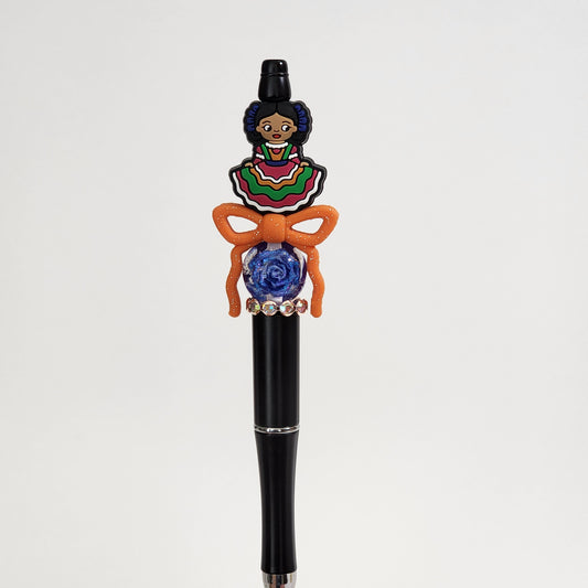 Folklorico Girl Beaded Pen Orange Bow