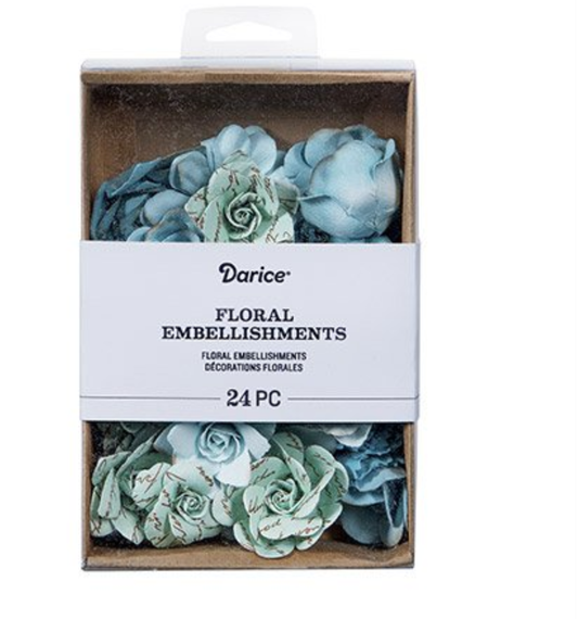 Darice Mulberry Print Floral Embellishment: Blue, 24 pieces