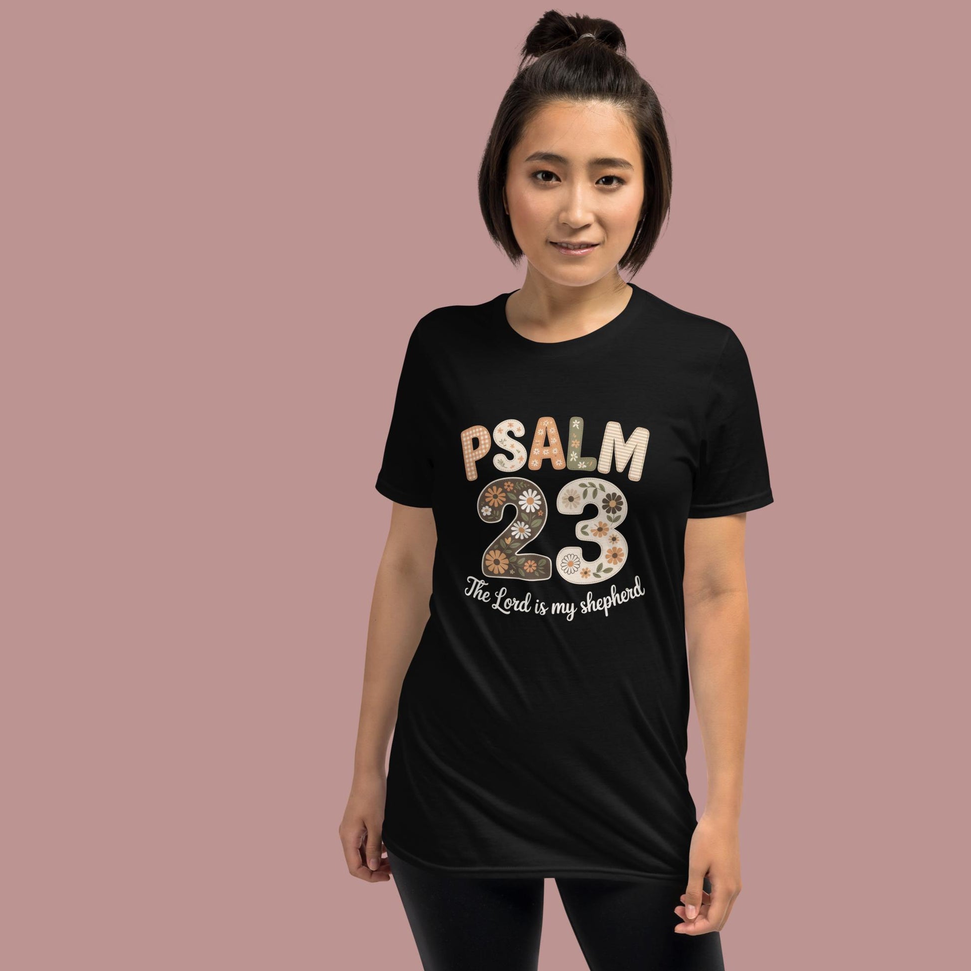 Black shirt with Psalm 23 scripture in floral & pattern bold letters