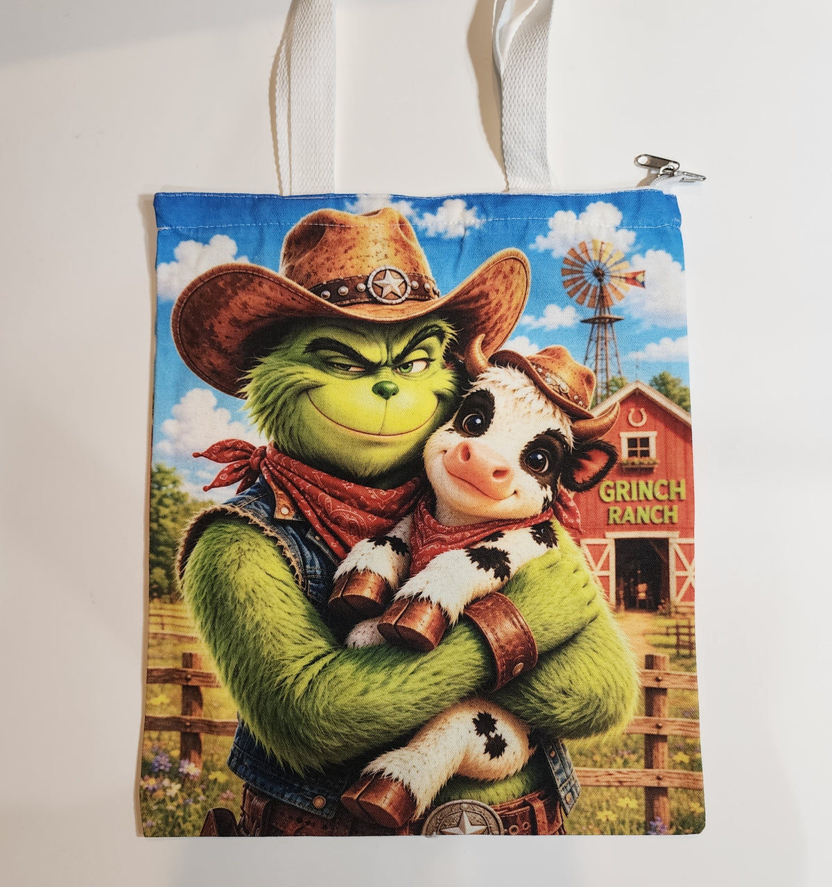 Grinch & Moo Moo - Canvas Tote Zipper Closure