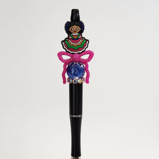 Folklorico Girl Beaded Pen Pink Bow