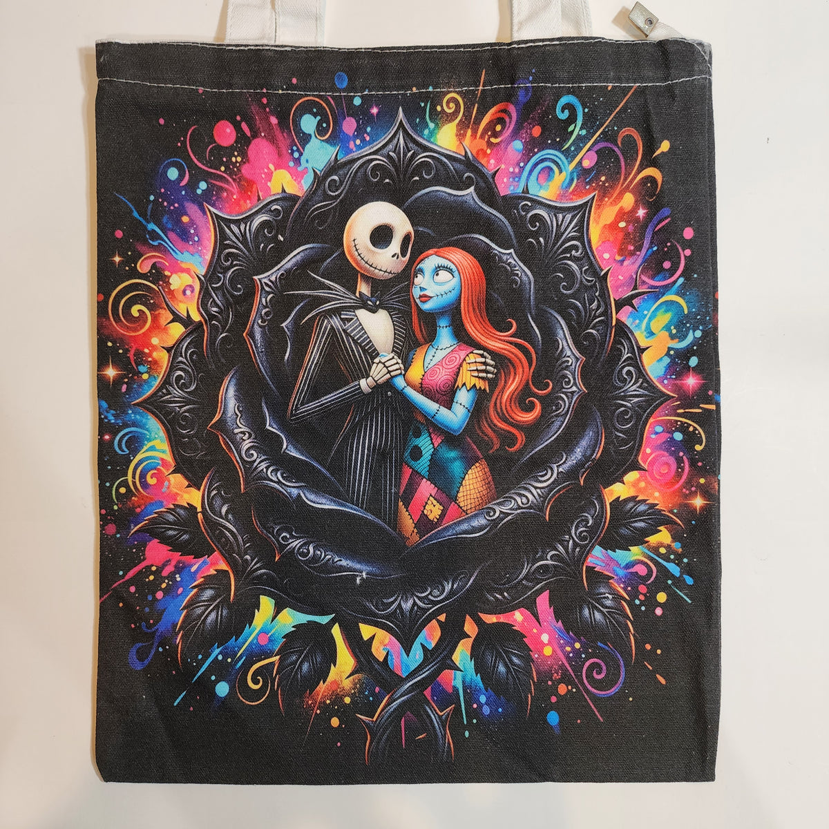 Jack & Sally Black Rose - Canvas Tote Zipper Closure
