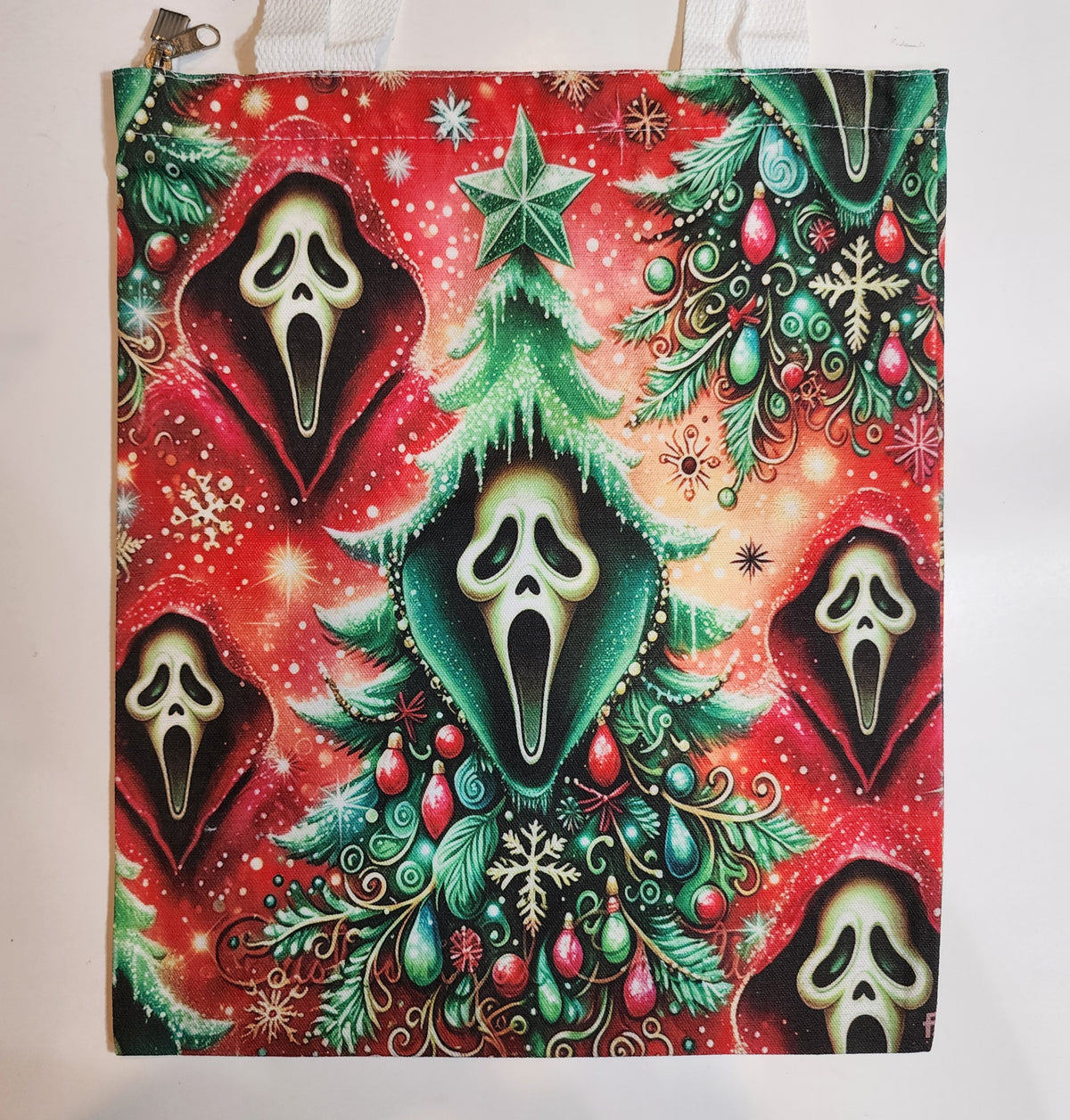 Festive Tree Ghost Face - Canvas Tote Zipper Closure