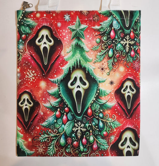 Festive Tree Ghost Face - Canvas Tote Zipper Closure
