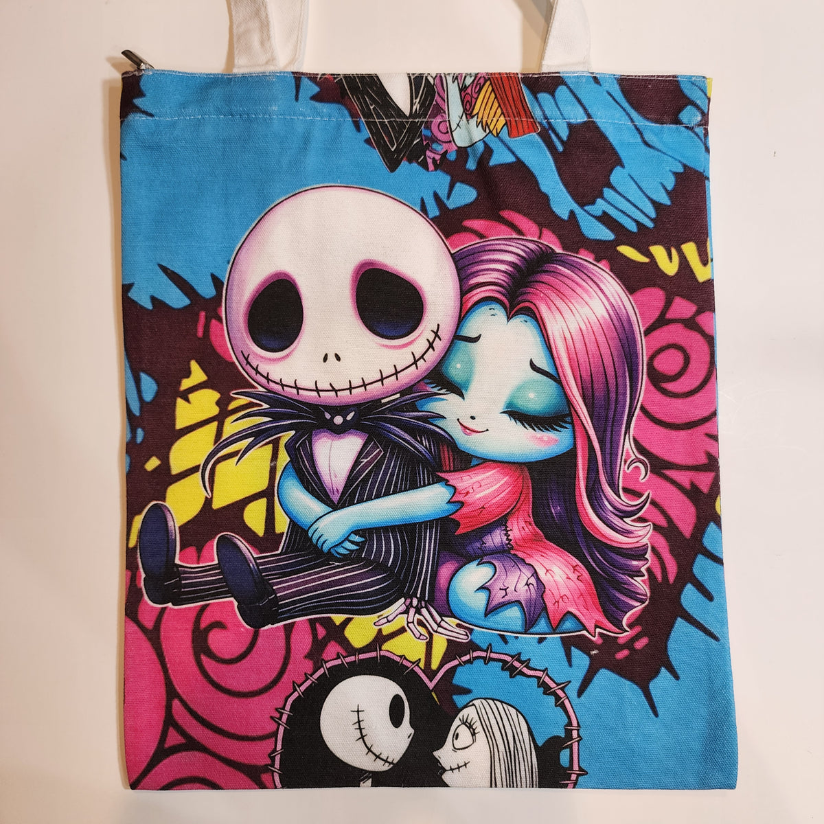 Chibi Jack & Sally - Canvas Tote Zipper Closure