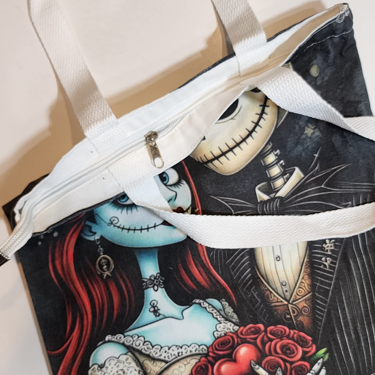 Jack & Sally Red Roses 2 - Canvas Tote Zipper Closure