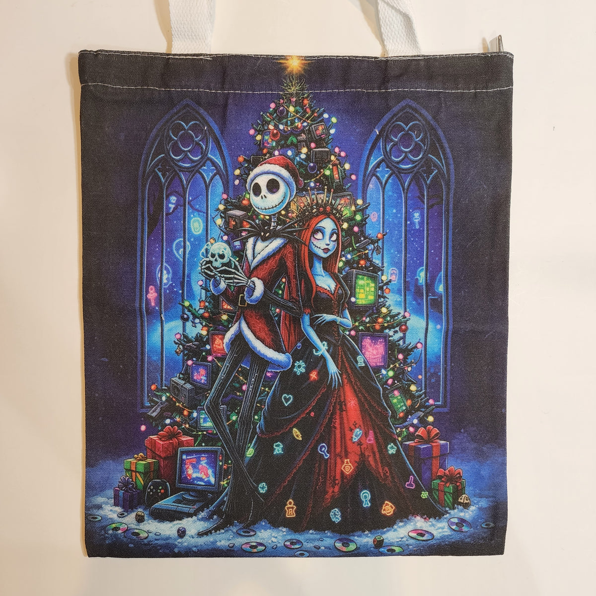 Jack & Sally Christmas Tree - Canvas Tote Zipper Closure