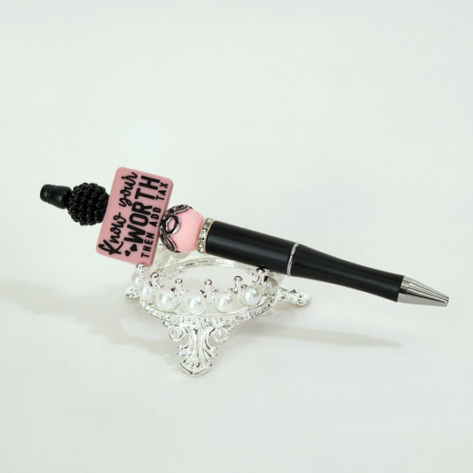 Know Your Worth, Then Add Tax Beaded Pen (Pink)
