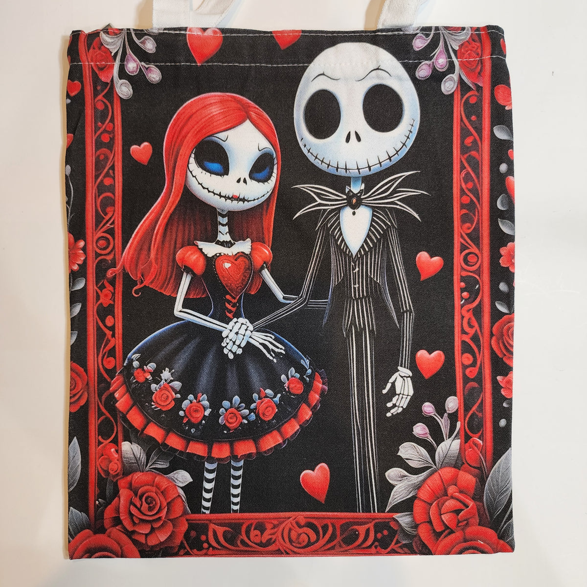 Jack & Sally Red Roses - Canvas Tote Zipper Closure