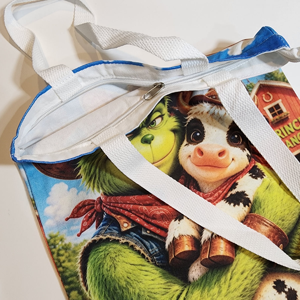 Grinch & Moo Moo - Canvas Tote Zipper Closure