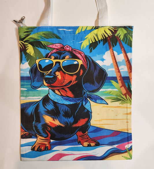 Dachshund by the Sea - Canvas Tote Zipper Closure