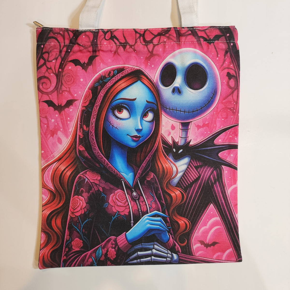 Jack & Sally Pink Roses Canvas Tote - Zipper Closure